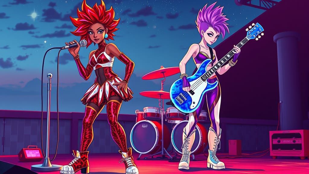 Futuristic Holographic Rock Band in 1980s Animation Style