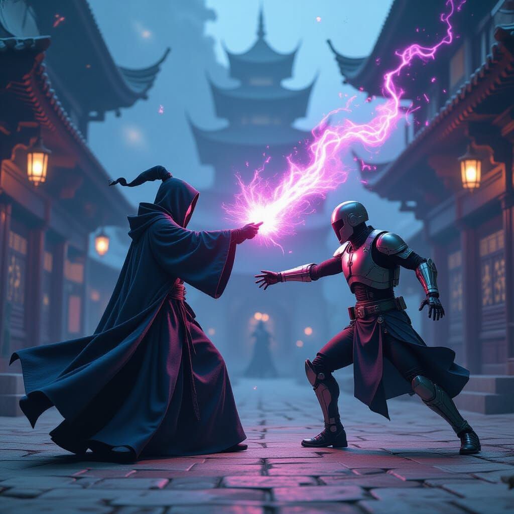 Android Wizard Wins Magical Duel in Cinematic Film Still