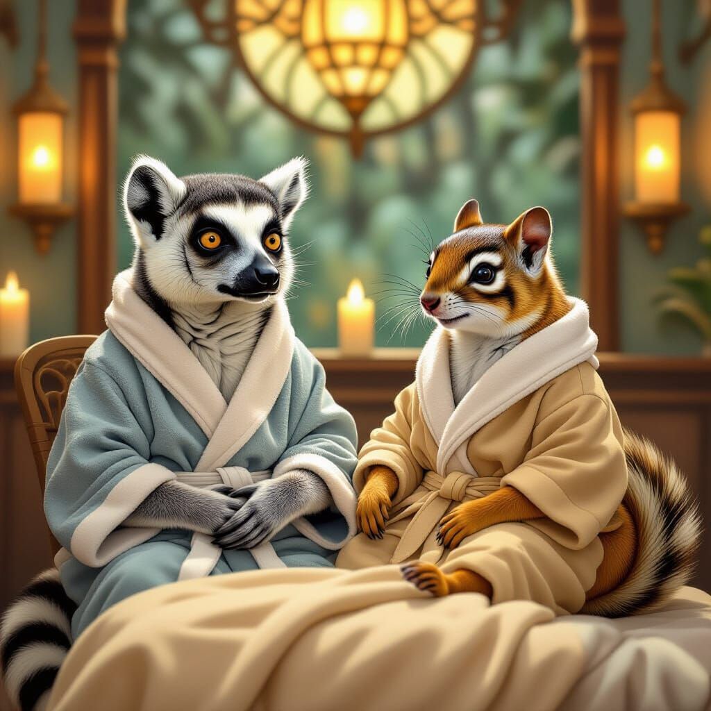 Lemur and Chipmunk Get Massages: Alphonse Mucha Style