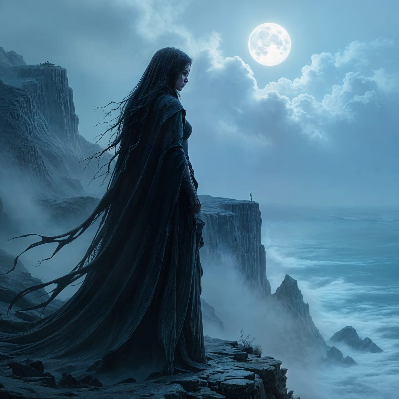 Ancient Goddess on Misty Cliff Overlooking Stormy Sea
