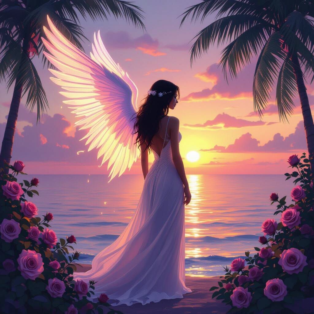 Angelic Woman Silhouette at Golden Violet Sunset