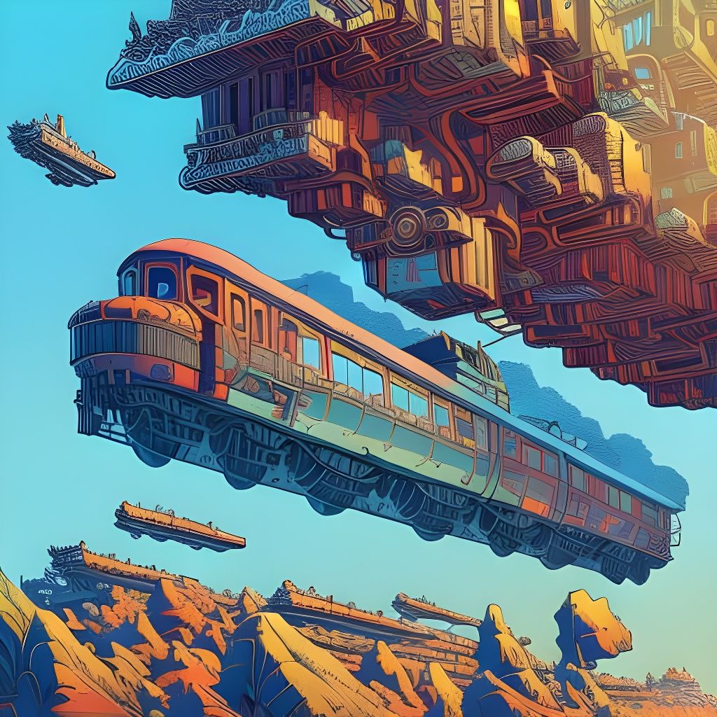 Vintage Train Amidst Floral Sky: Cel-Shaded Masterpiece