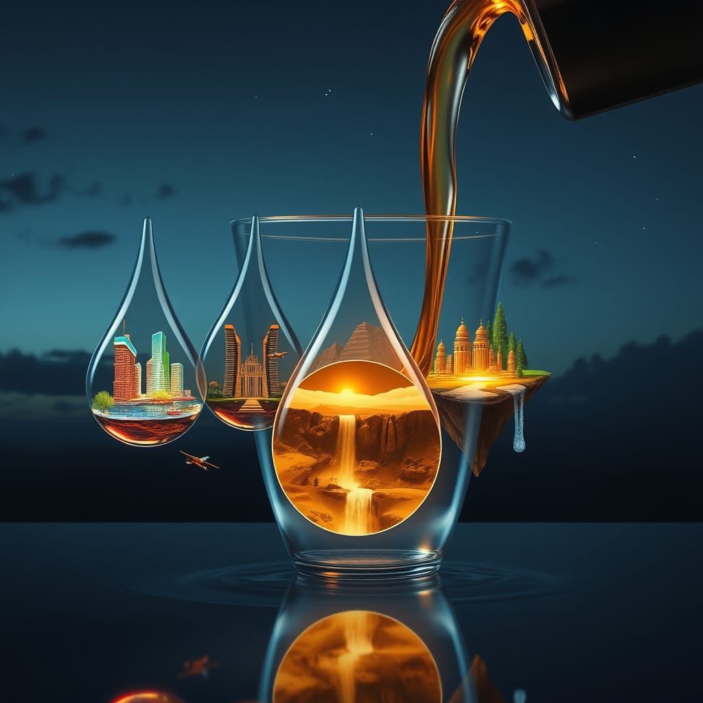 Glass Cup Pours Coffee Droplets With Diverse World Scenes