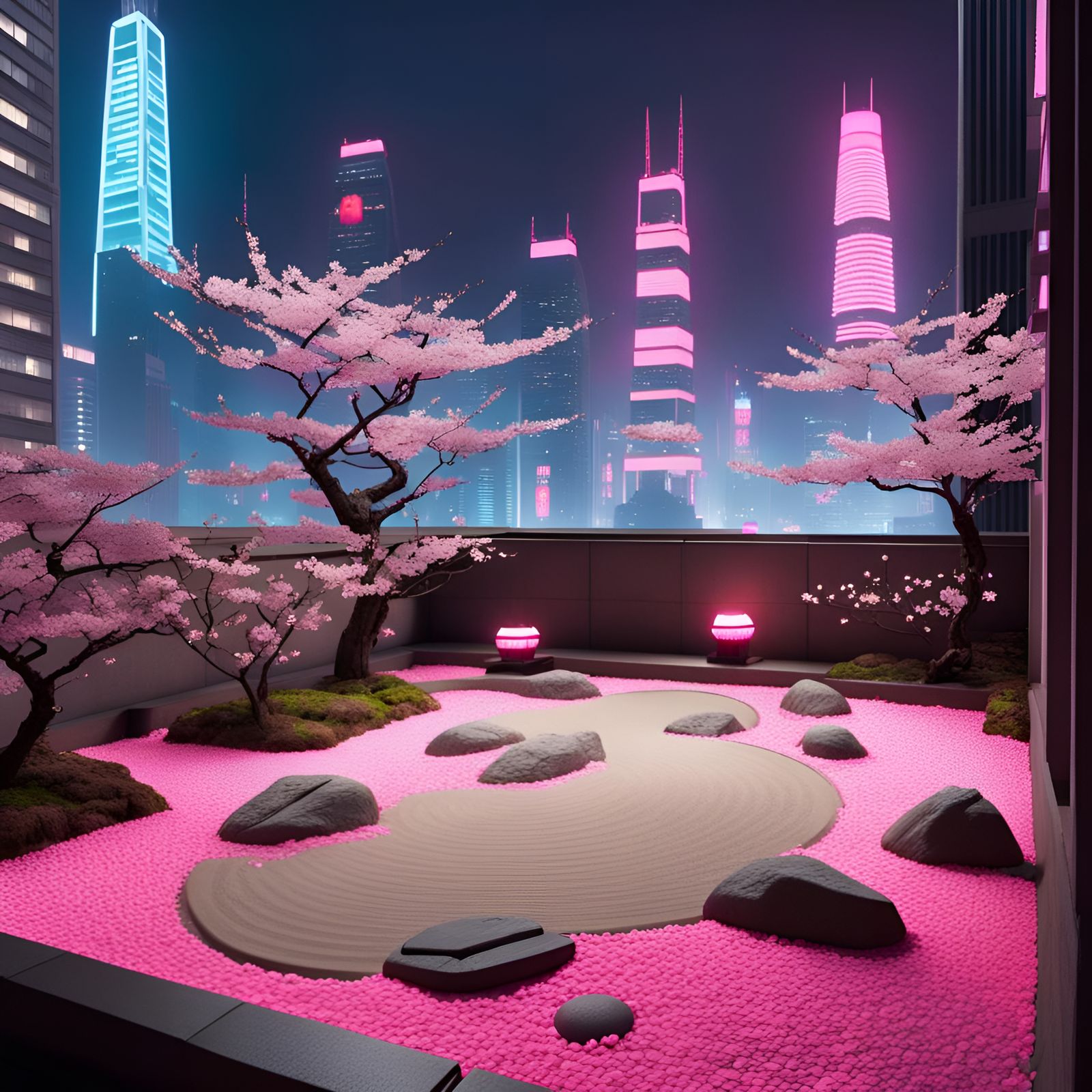 Cyberpunk Zen Garden with Cherry Blossoms