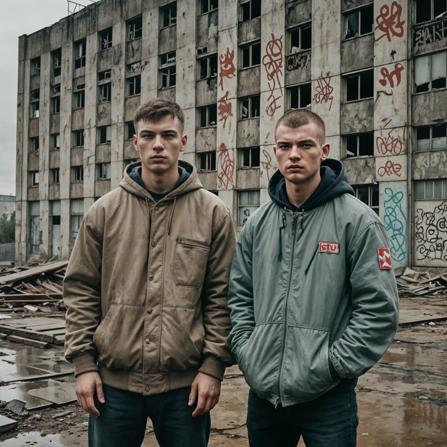 Gritty Slavic Youth Stand Before Worn Soviet-Style Housing