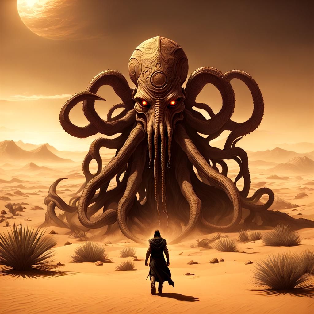 Cyberpunk Nyarlathotep in Sepia Desert Landscape