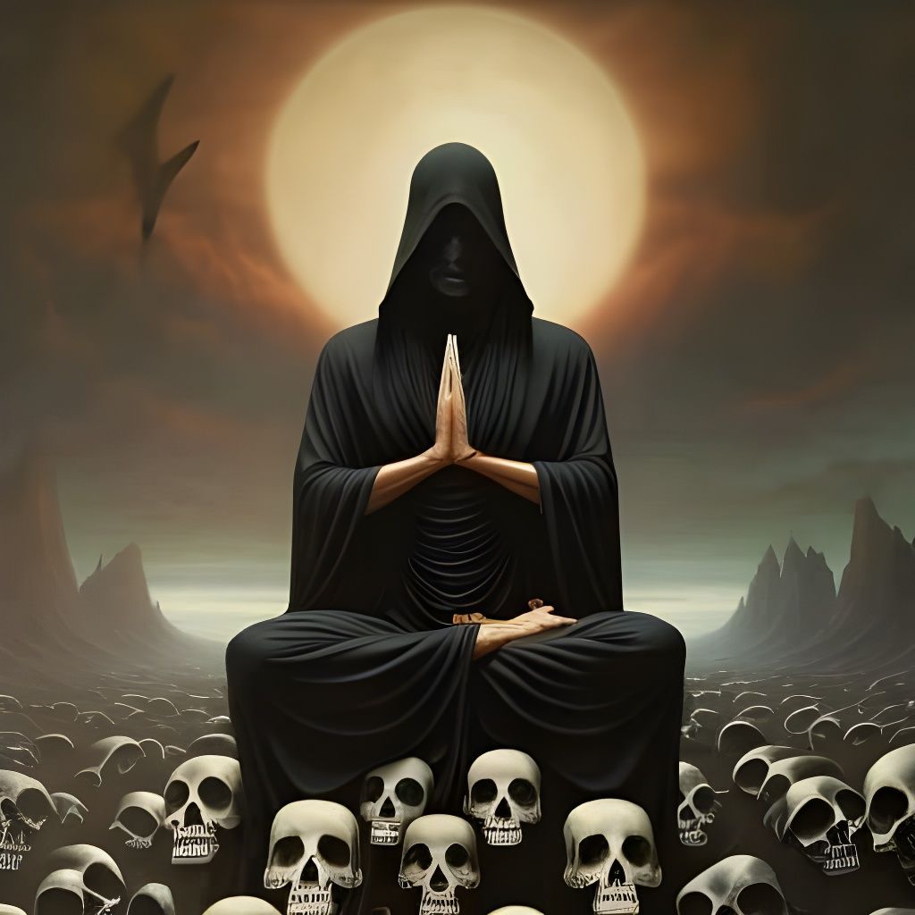 Grim Reaper Meditating in Ocean of Skulls
