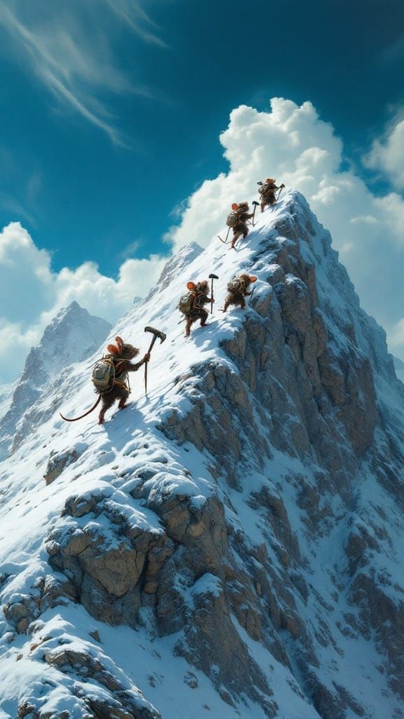 Mice Conquer Snow-Capped Peaks in Dark, Whimsical Landscapes