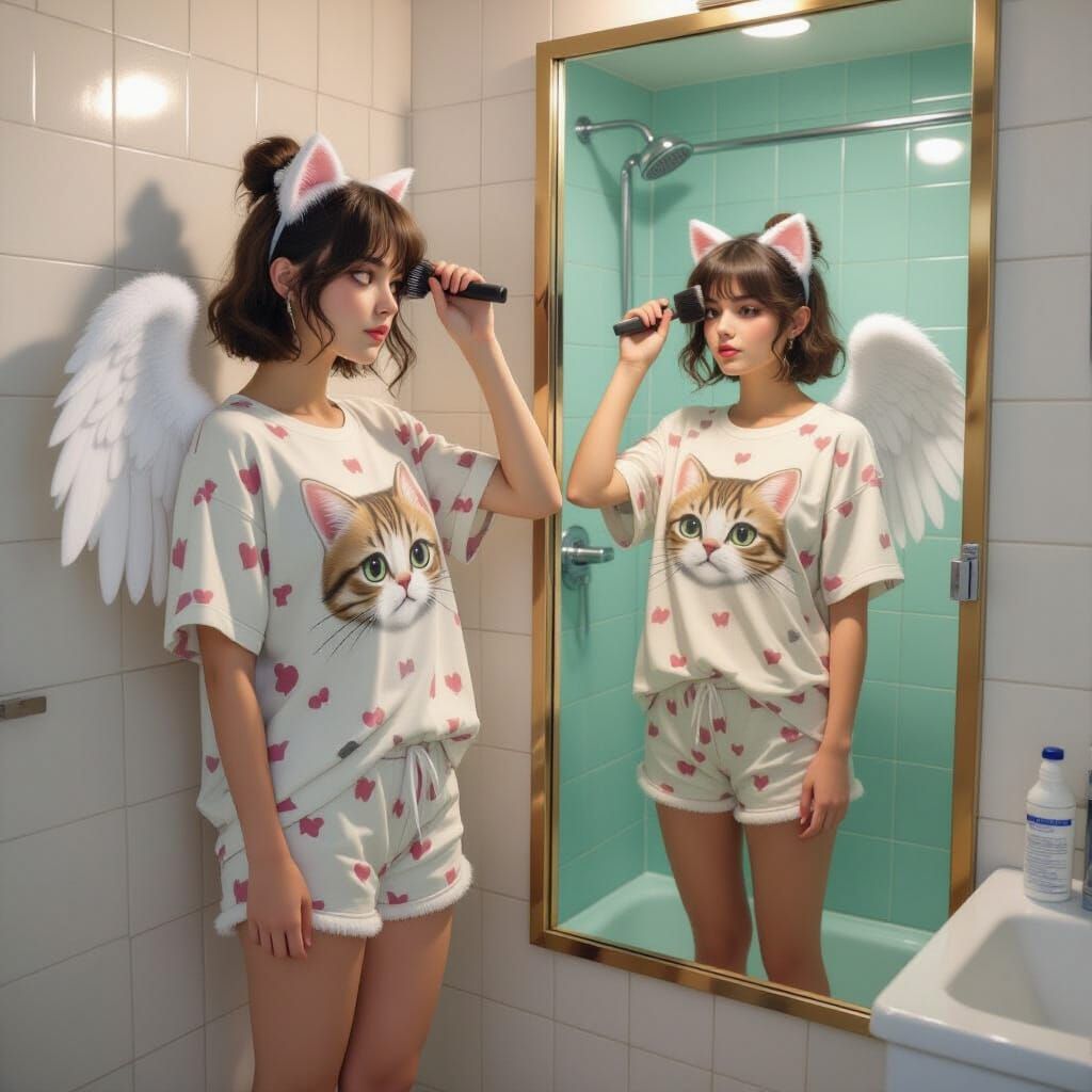 Angel Brushing Hair in Bathroom, Grunge Aesthetic
