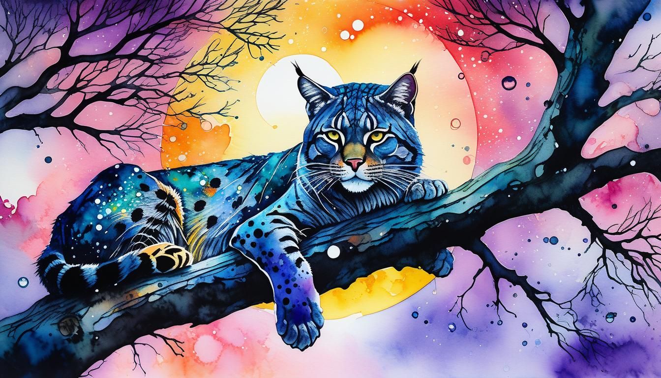 Watercolor Wildcat at Sunset in Fantasycore Style