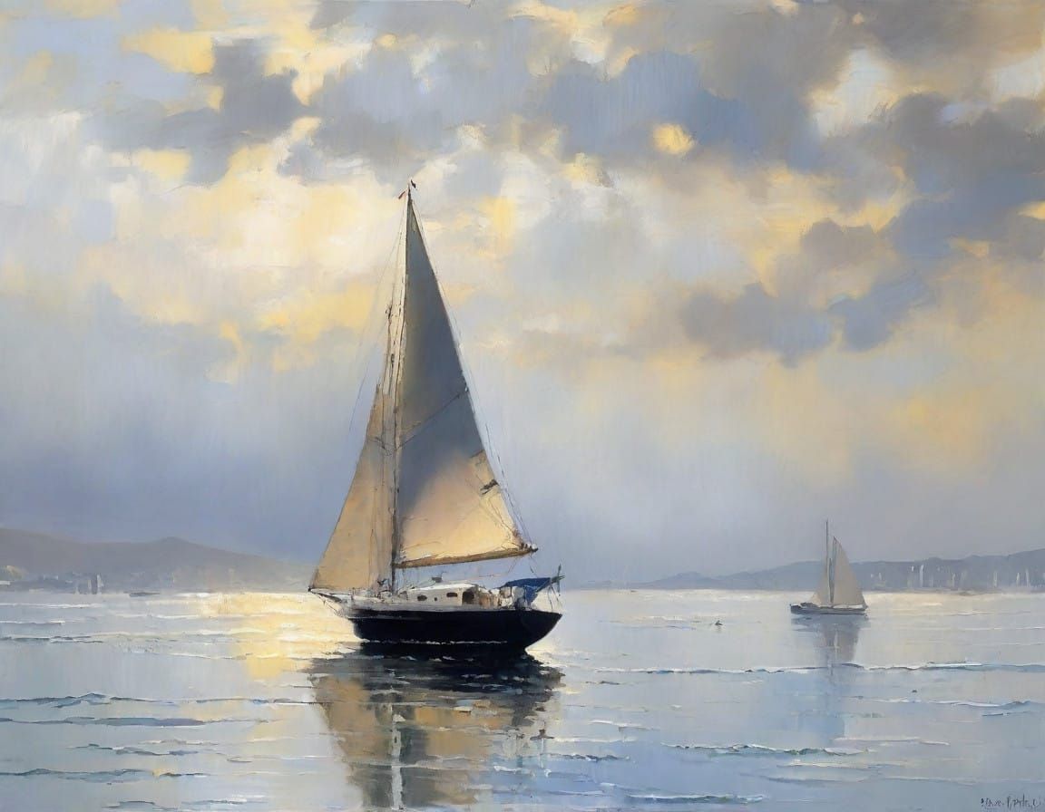 Misty San Francisco Bay Sailboat Drifts Under Golden Gate Br...