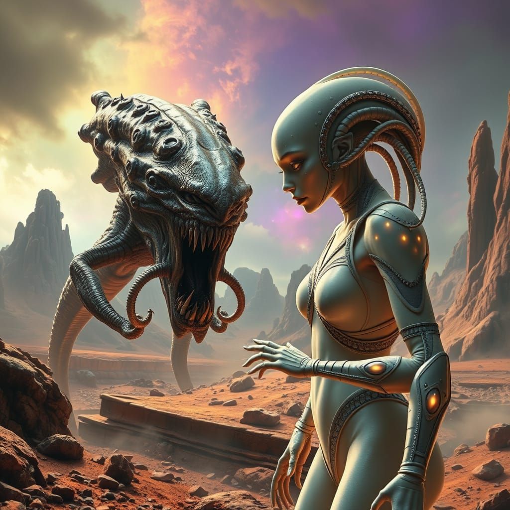 Alien Planet Clash in Giger and Beksiński Style