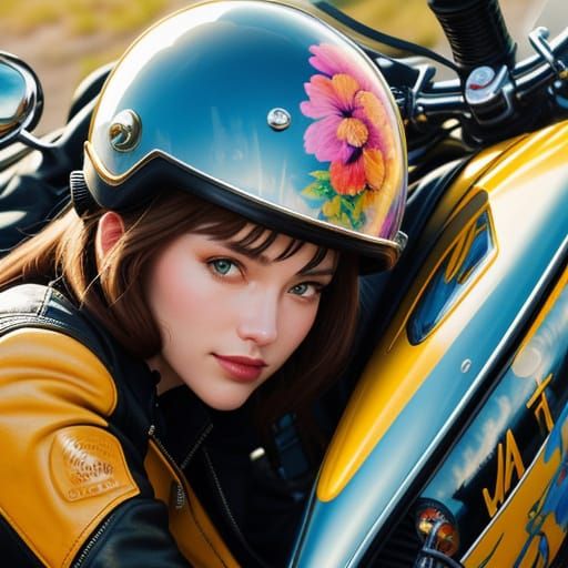 Girl on Motorcycle: Whimsical Colorful Illustration