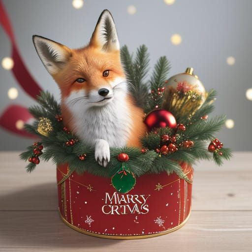Playful Red Fox Emerging from Ornate Christmas Gift Box in W...