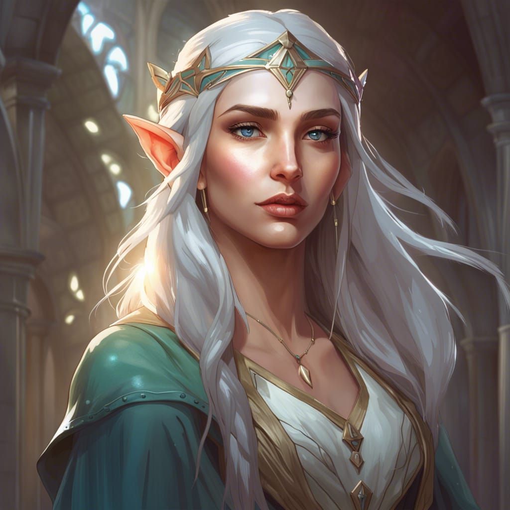 Magical Elf Sorceress Portrait in Art Nouveau Style