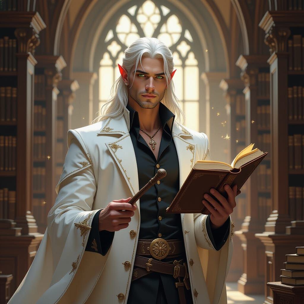 Pale Half-Elf Mage in White Medieval Suit with Book and Wand