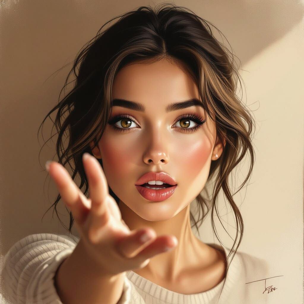 Woman's Face Expressing Realization in Charcoal Drawing