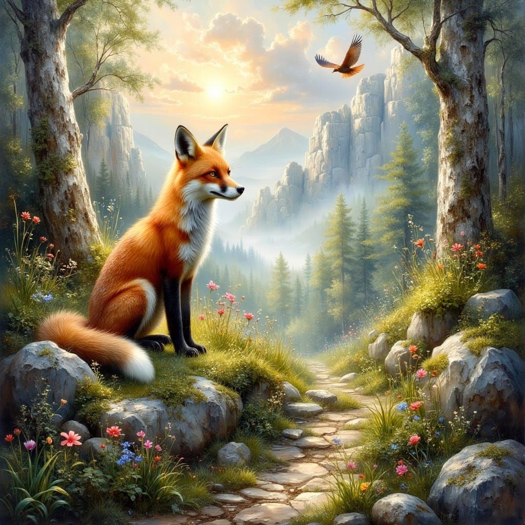 Red Fox in Lush Valley as Impasto Oil Painting
