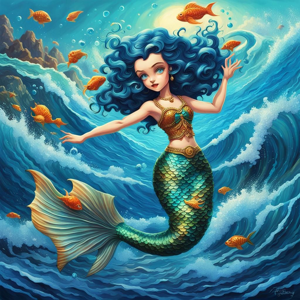 Mermaid Betty Boop in Azure Ocean Waves