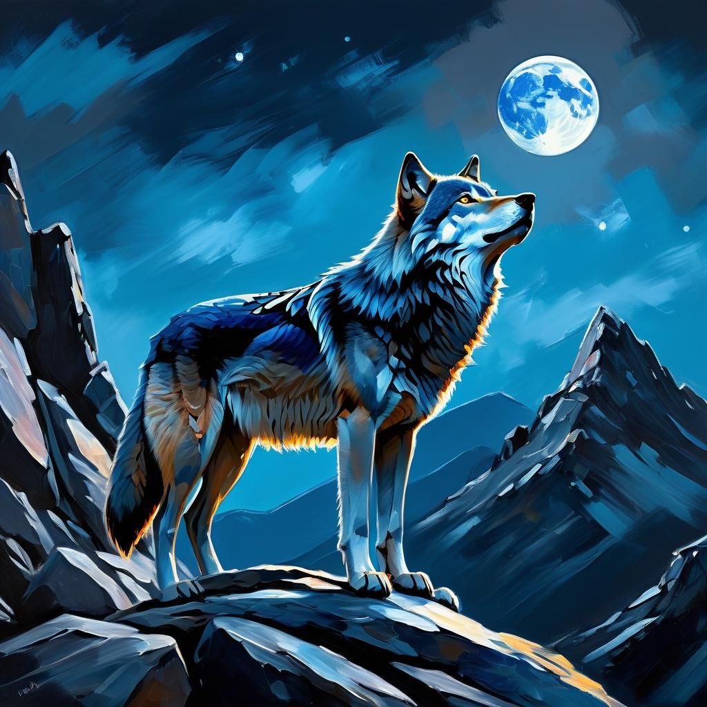 Blue Wolf Gazing at Moon, Digital Oil Painting