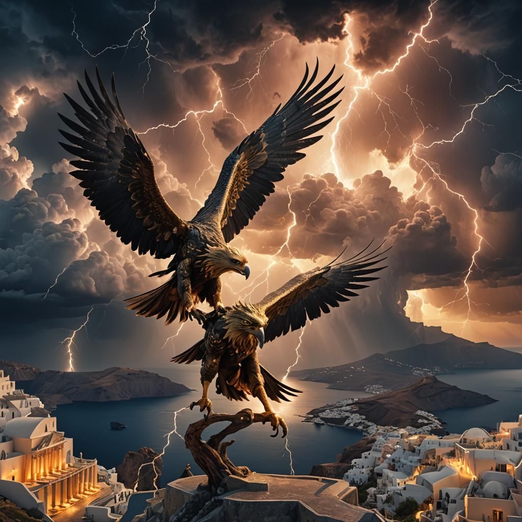 Harpy and Gods Battle Above Santorini