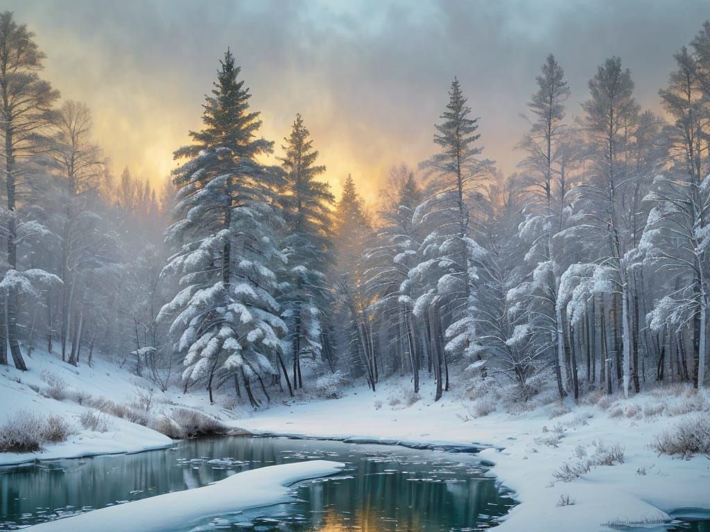 Serene Winter Cabin in Snowy Forest Landscape