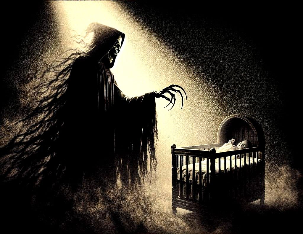 Ominous Spirit Reaching for Sleeping Baby in Doré Style