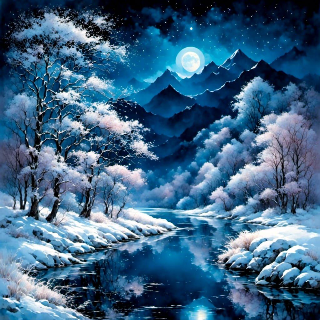 Moonlit Winter Riverscape in Watercolor Style