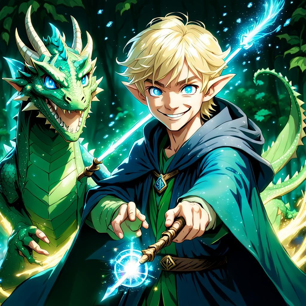 Elf Wizard and Dragon in Anime Style