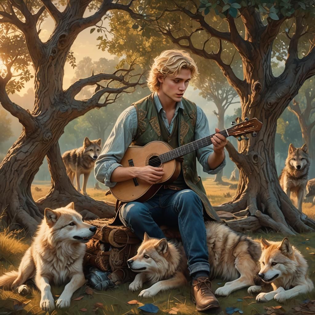 Man Playing Lyre with Wolf Pups, Fantasy Art