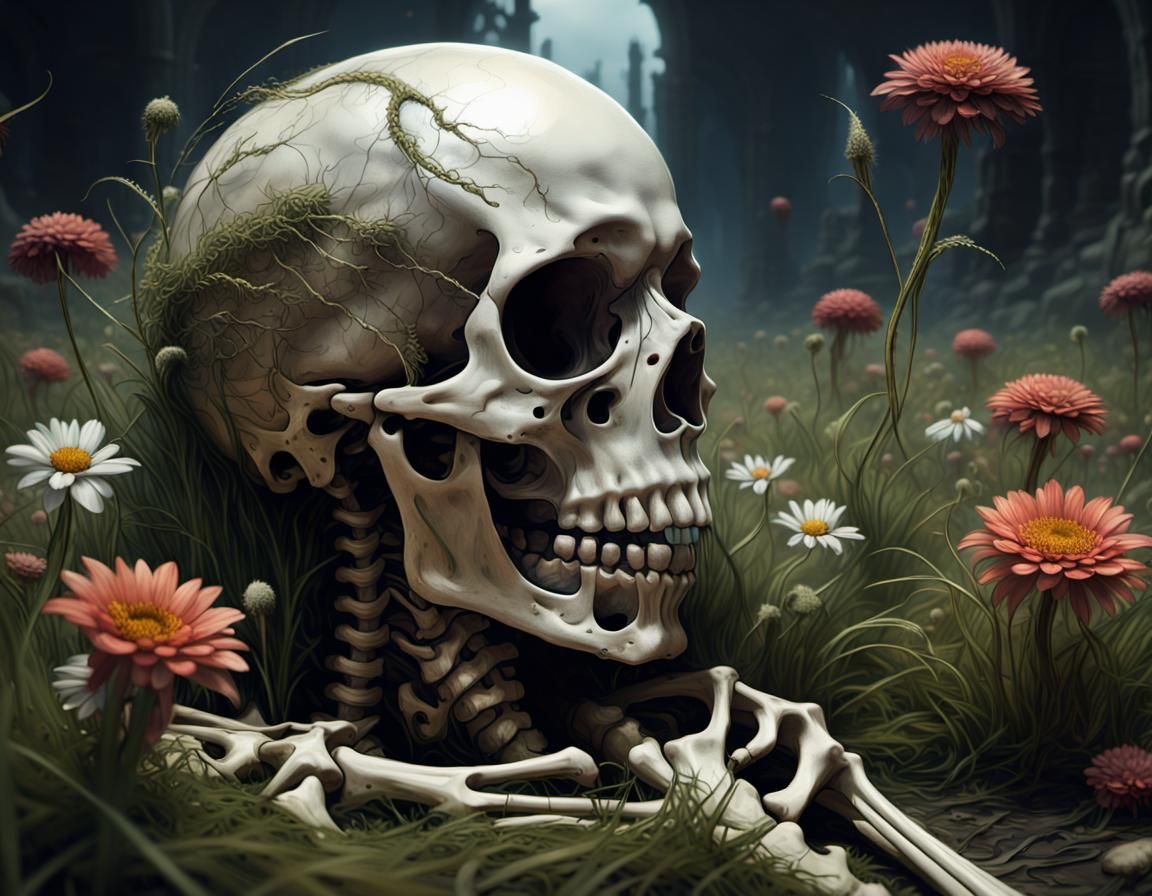 Skeleton in Overgrown Landscape: Surreal Digital Art