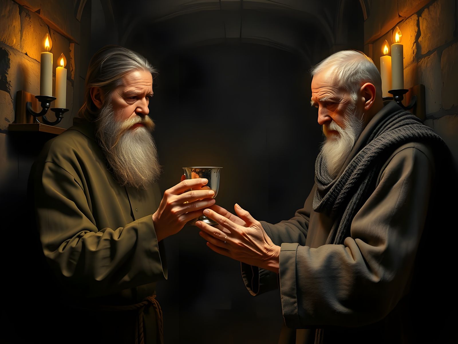 Medieval Communion Scene in a Dimly Lit Monastery
