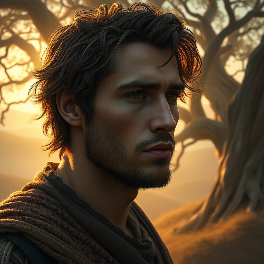 Contemplative Man Lost in Thought Amidst Ancient Trees