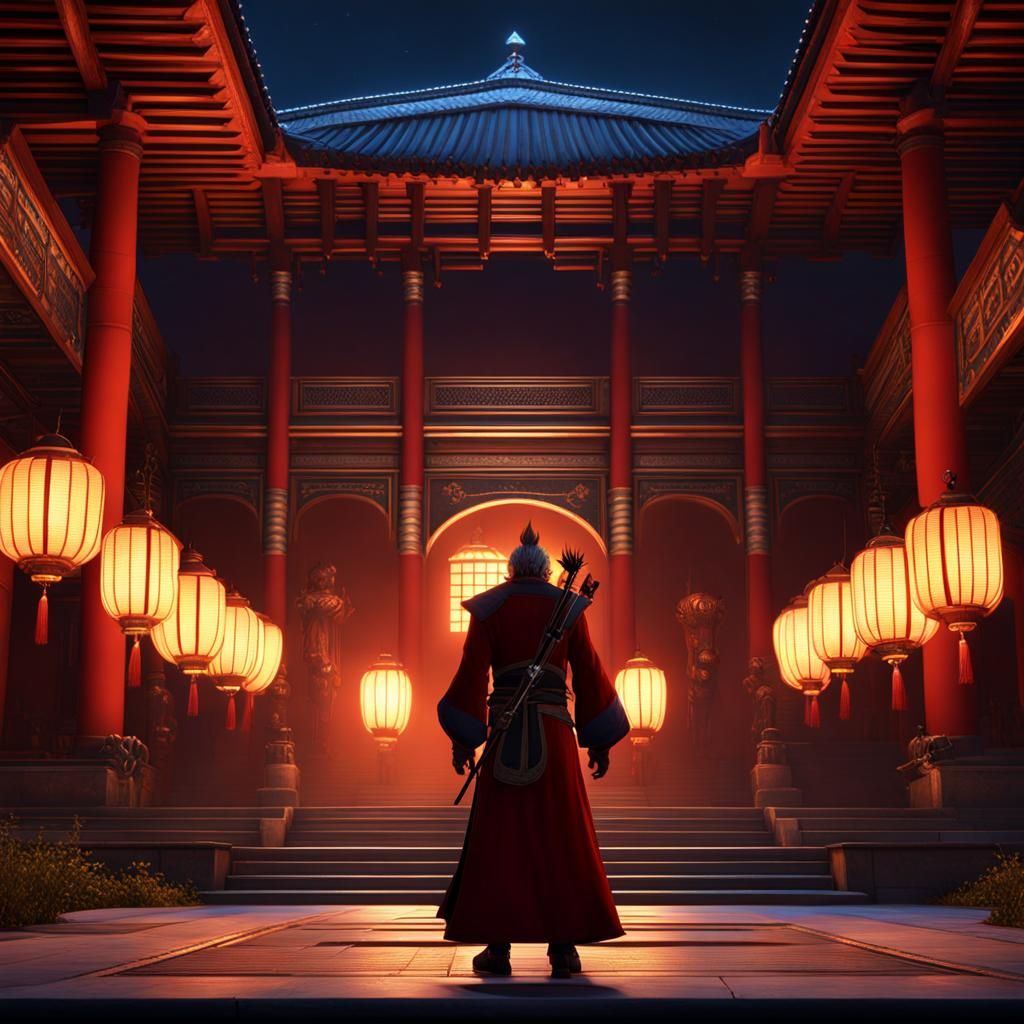 Warrior in Palace Courtyard with Lanterns, Digital Art
