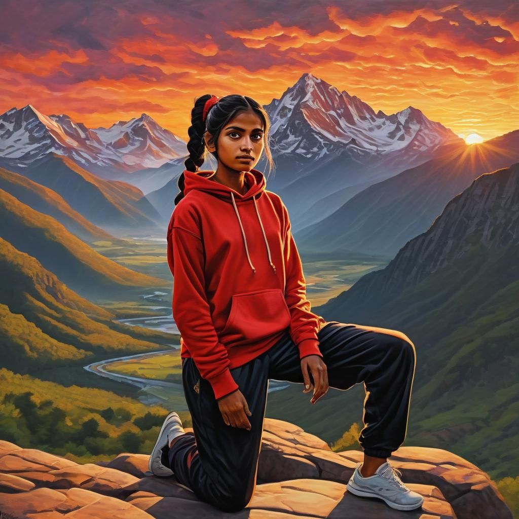 Serene Indian Woman in Red Hoodie, Graffiti Art Style