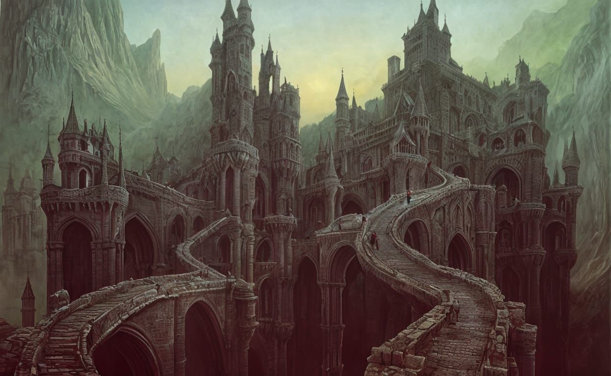 Surreal Castle with Drawbridges in Dreamlike Landscape