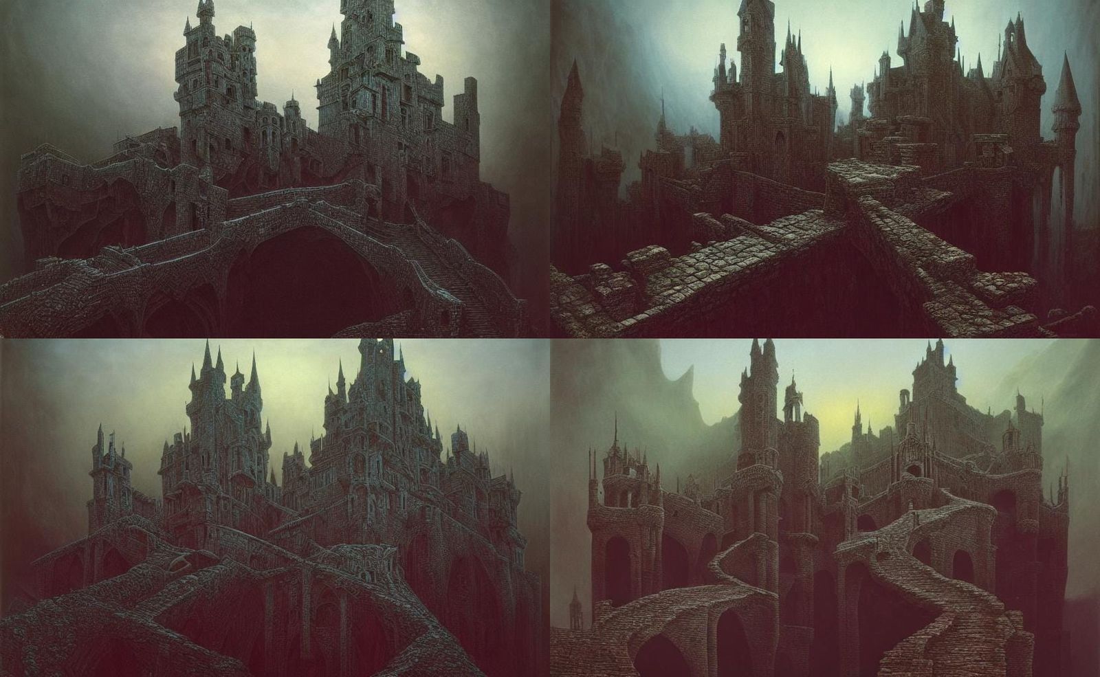 Surreal Castle with Drawbridges in Dreamlike Landscape