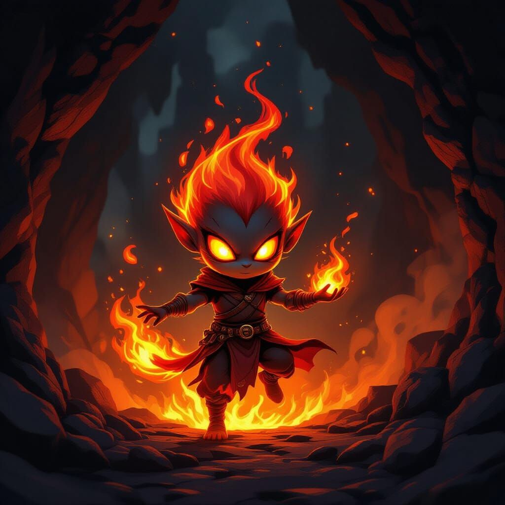 Mischievous Fire Sprite in Volcanic Cavern