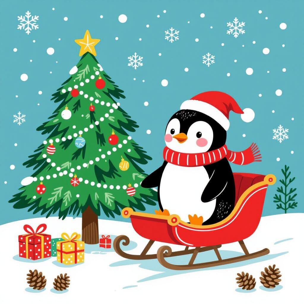 Penguin's Christmas Sleigh Ride: A Whimsical Illustration