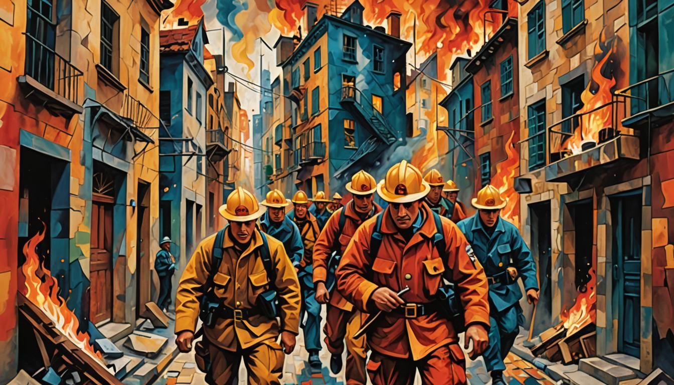 Cubist Firefighters Battle Abstract Flames