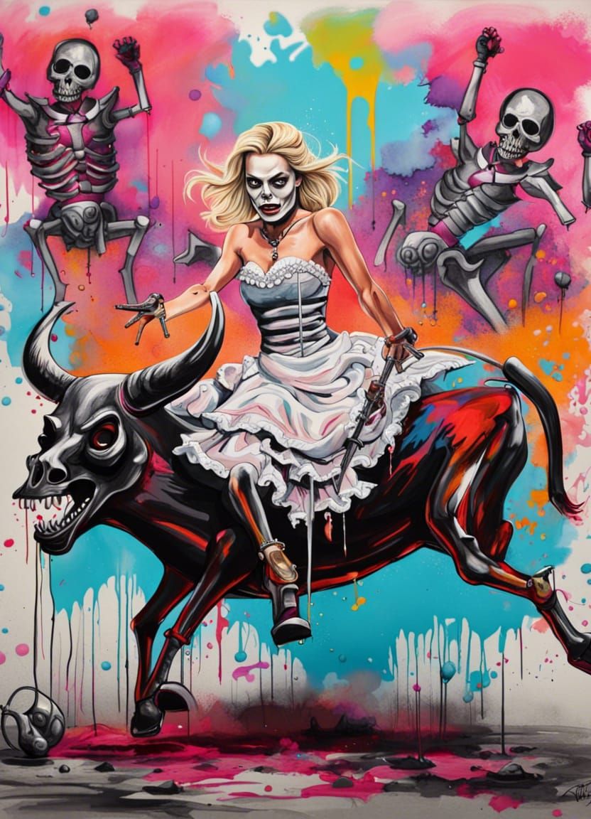 Vampire Maid Rides Bull in Graffiti Street Art