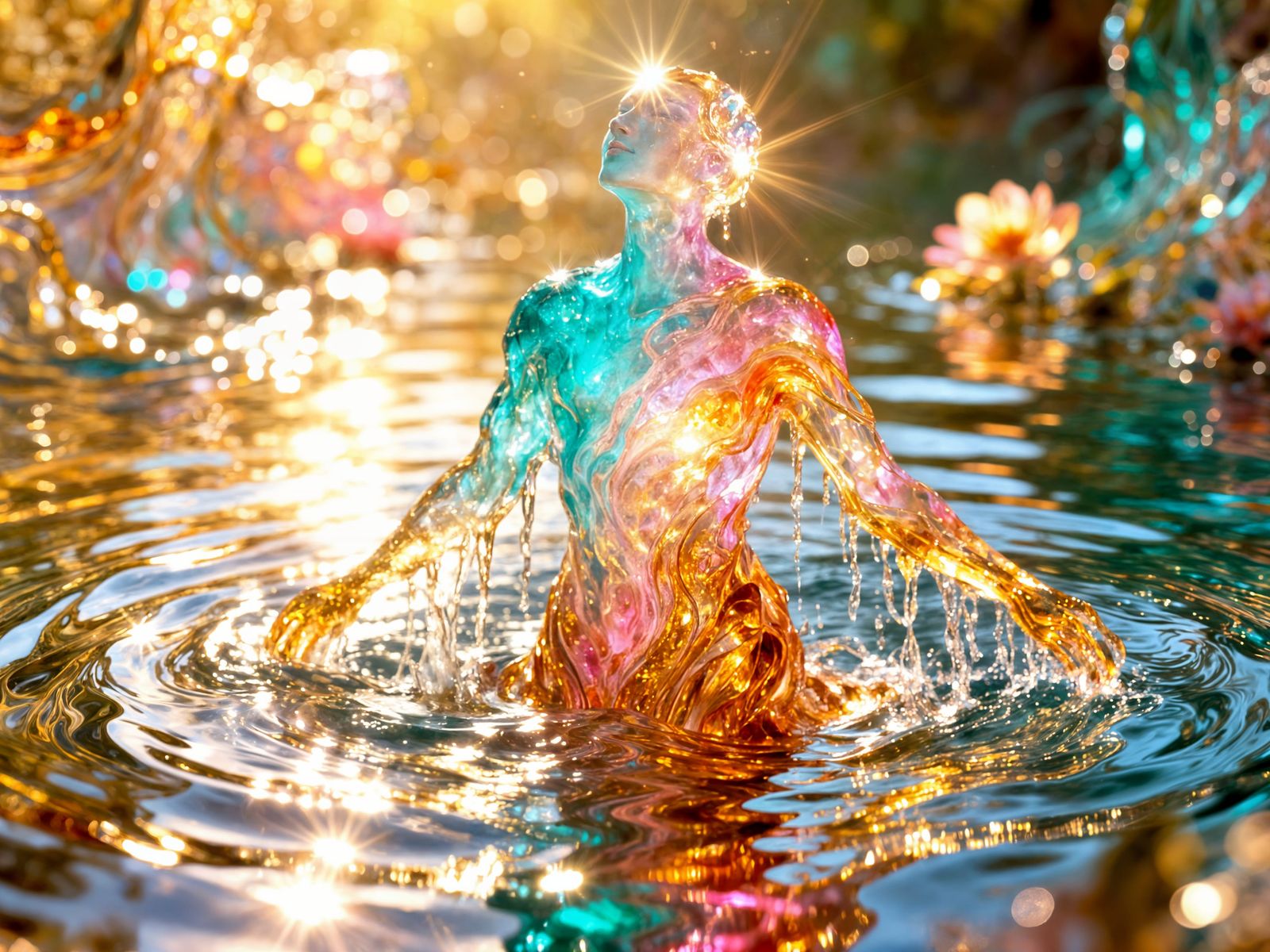A luminous humanoid figure formed from cascading water, liqu...