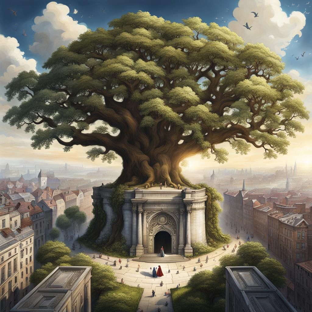 Giant Oak Tree with Marble Door in Walled City