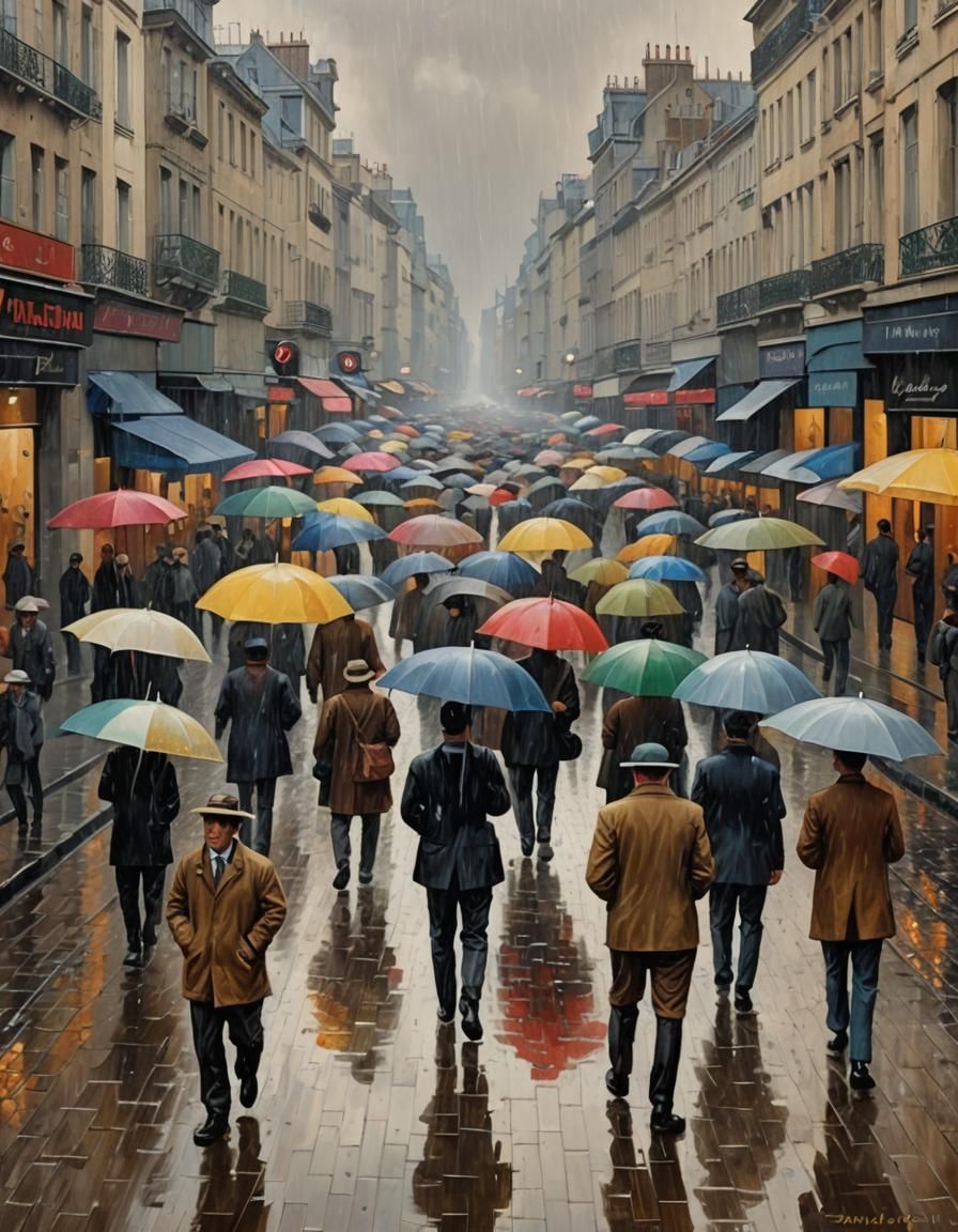 Raining Men in Muted Neo-Impressionist Colors