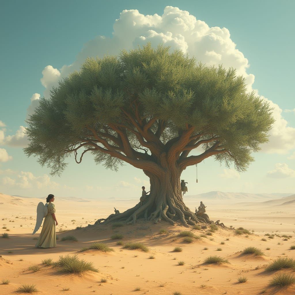 Surreal Desert Scene with Giant Olive Tree and Angel