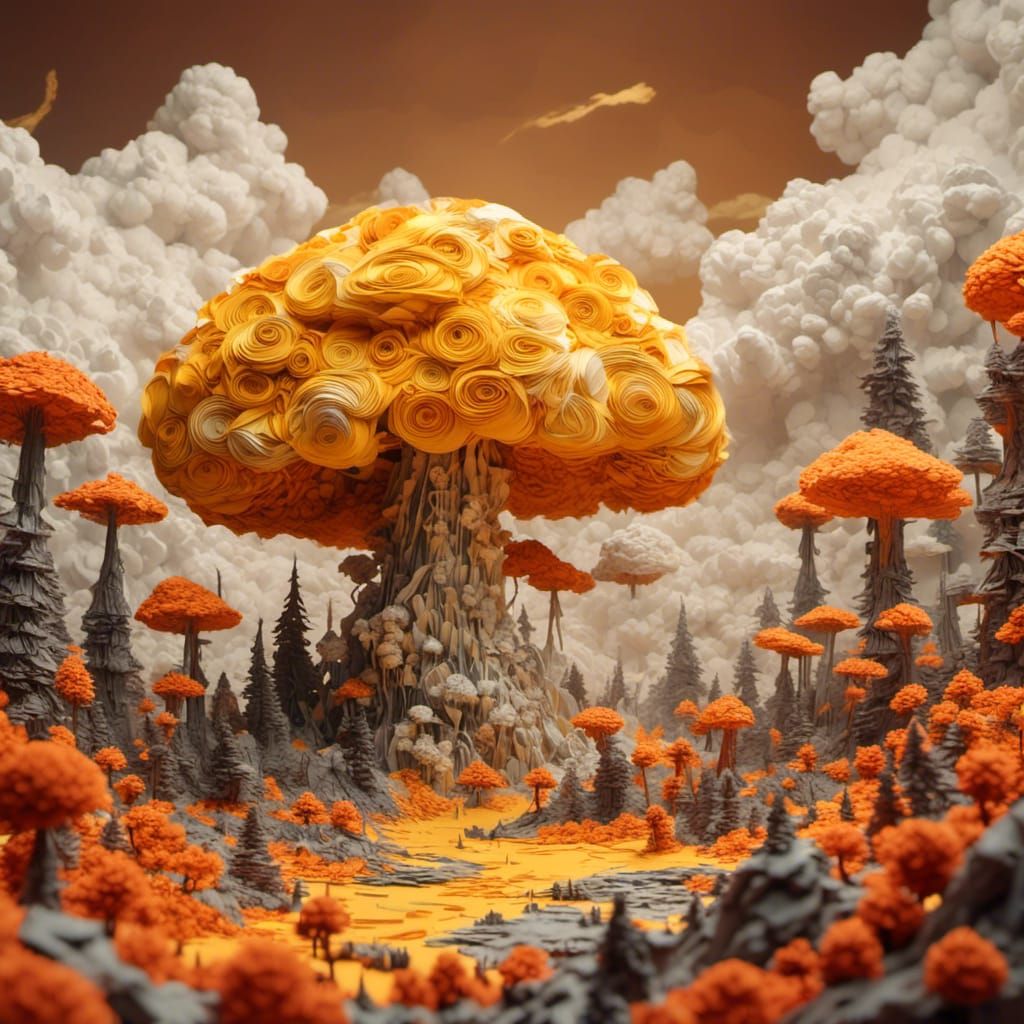 Ominous Mushroom Cloud Over Origami Landscape