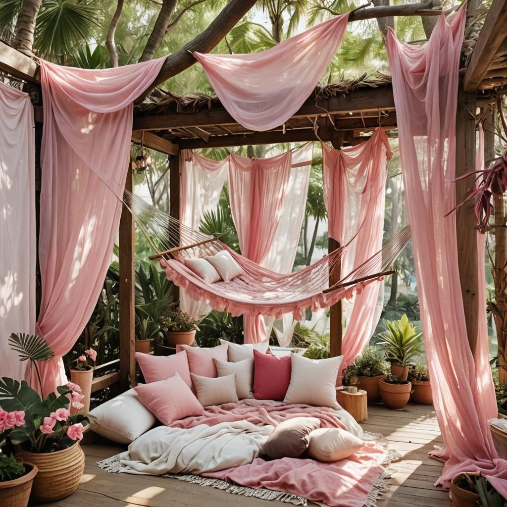 Pink Cabana with Hammock and Pillows