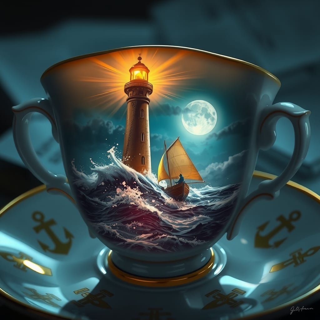 Lighthouse in Teacup: Fantasy Art with Nautical Symbols