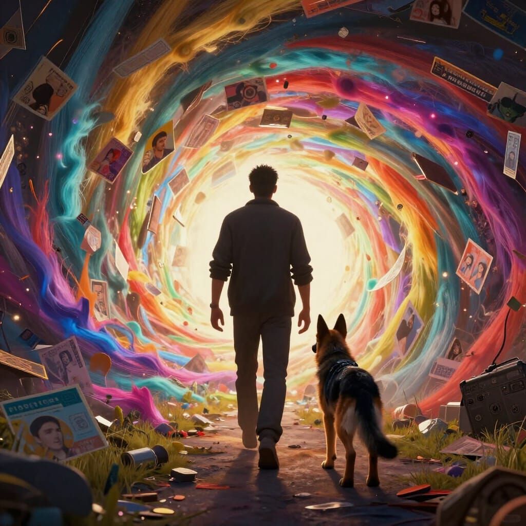 Man and Dog Emerge from Swirling Memories in 3D Game Style