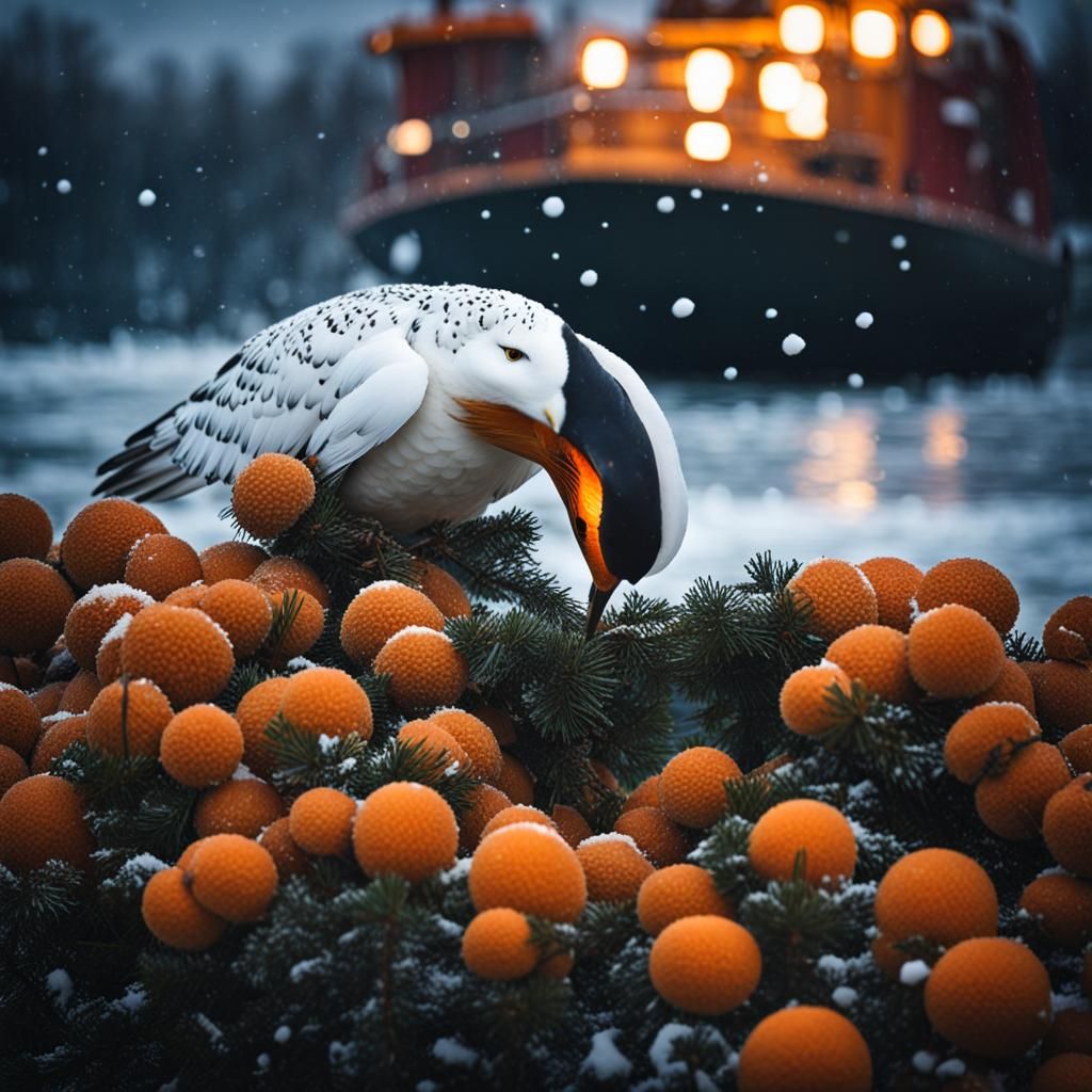 Man in Snowy Owl Feathers Sails Over Port